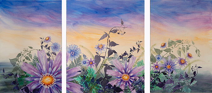 Aster Triptych, painting by Cara Enteles