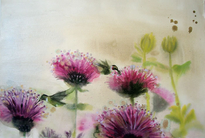 watercolor, Hummingbird Pollinators by Cara Enteles