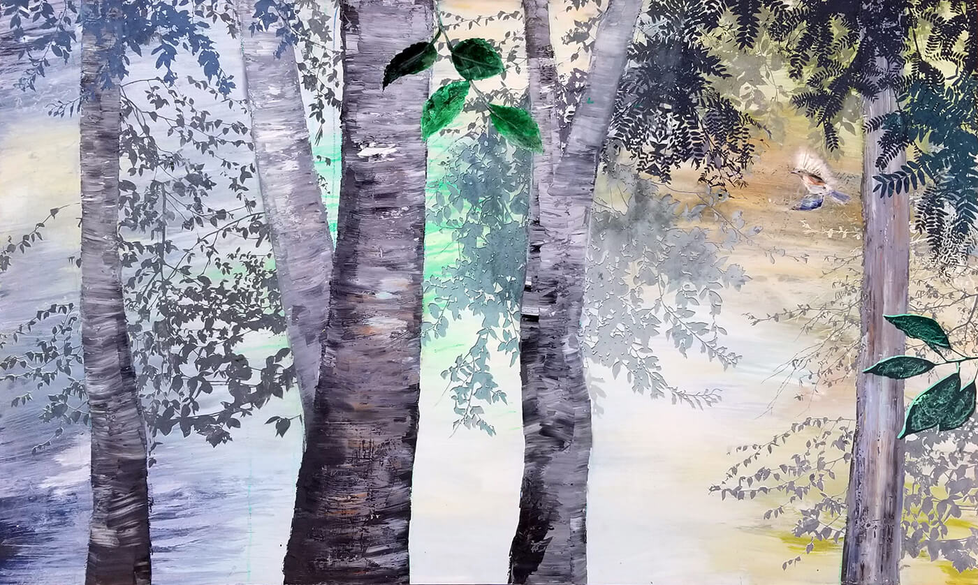 Scot's View, oil and silkscreen on aluminum panel, 36 x 60 inches